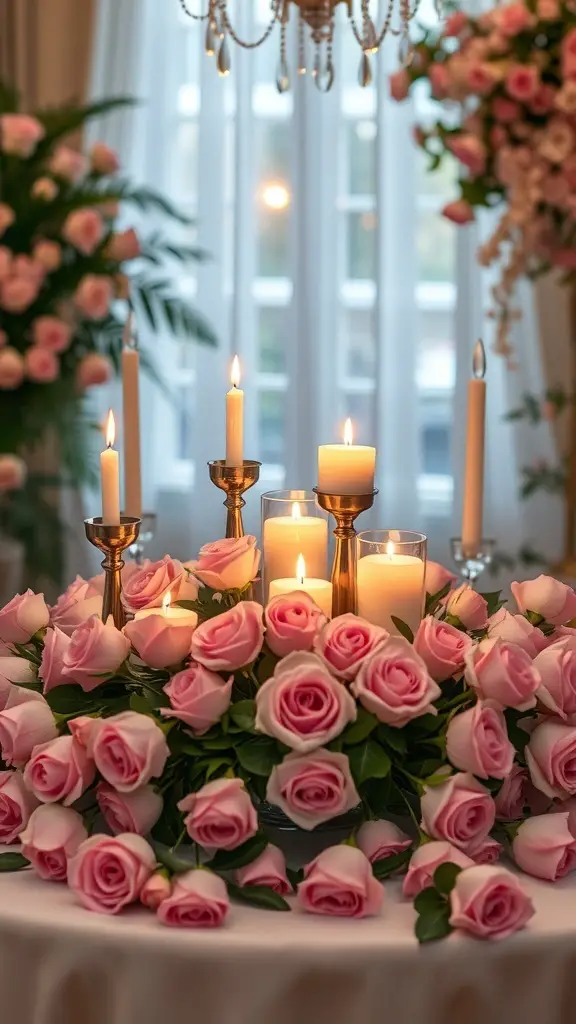 29+ Stunning Valentine's Tablescape Ideas to Impress Your Sweetheart 7 A romantic tablescape featuring pink roses and candles, creating a cozy atmosphere.