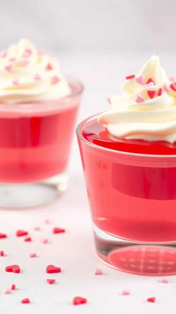Two Sweetheart Jello Cups with whipped cream and heart sprinkles
