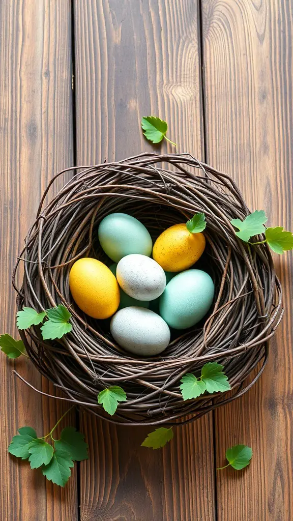 A rustic grapevine nest filled with pastel colored eggs and green leaves on a wooden surface.