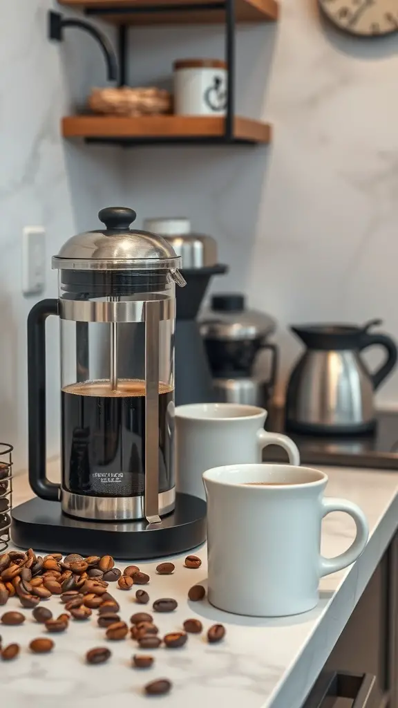 29+ Stunning Countertop Decor Ideas to Elevate Your Space 5 A stylish coffee station featuring a French press, coffee beans, and white mugs on a countertop.