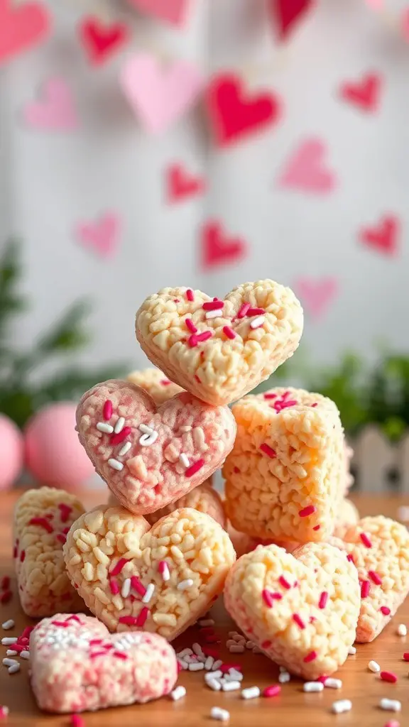 A stack of heart-shaped Rice Krispie treats with colorful sprinkles, set against a backdrop of pink and red hearts.