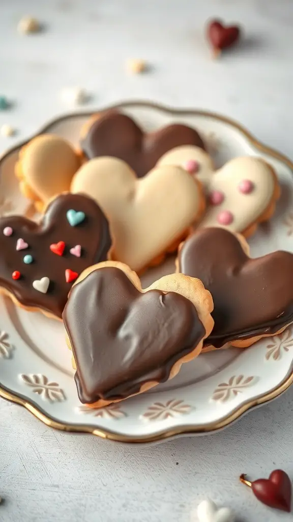 A plate of heart-shaped cookies, some dipped in chocolate and decorated with colorful sprinkles.