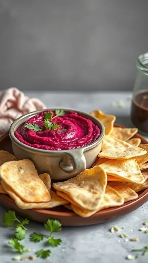 A bowl of pink hummus surrounded by pita chips, garnished with fresh herbs.