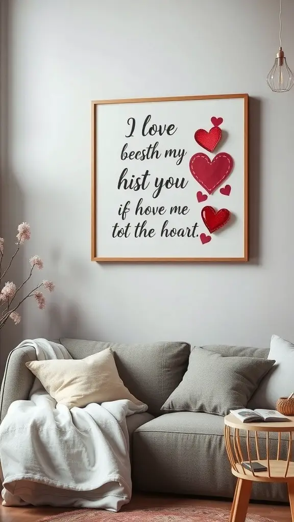 A framed love-themed wall art with hearts and a playful message.