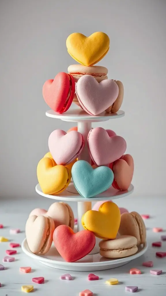 A tiered display of colorful heart-shaped macarons in various pastel colors.