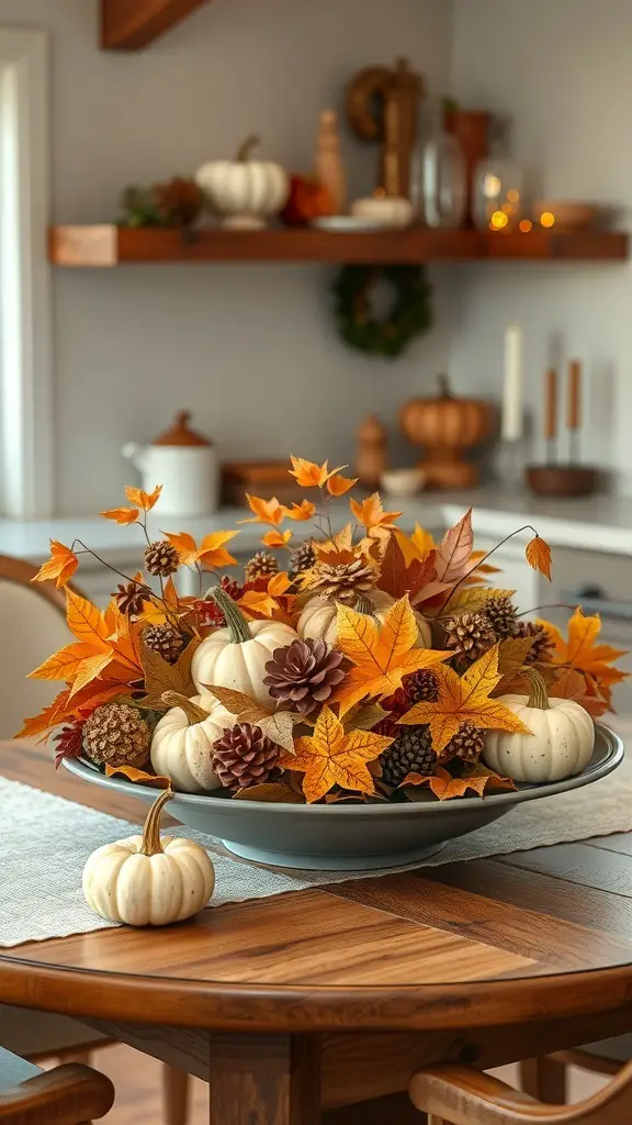 A seasonal centerpiece featuring white pumpkins, pinecones, and autumn leaves on a kitchen table.