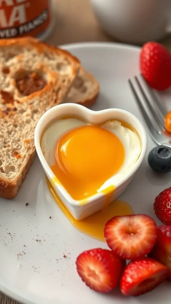 Heart-shaped egg in a mold with toast and berries on a plate