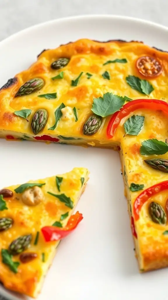 49+ Delicious Spring Breakfast Ideas to Brighten Your Morning 8 A slice of spring vegetable frittata with asparagus, red peppers, and herbs on a plate.