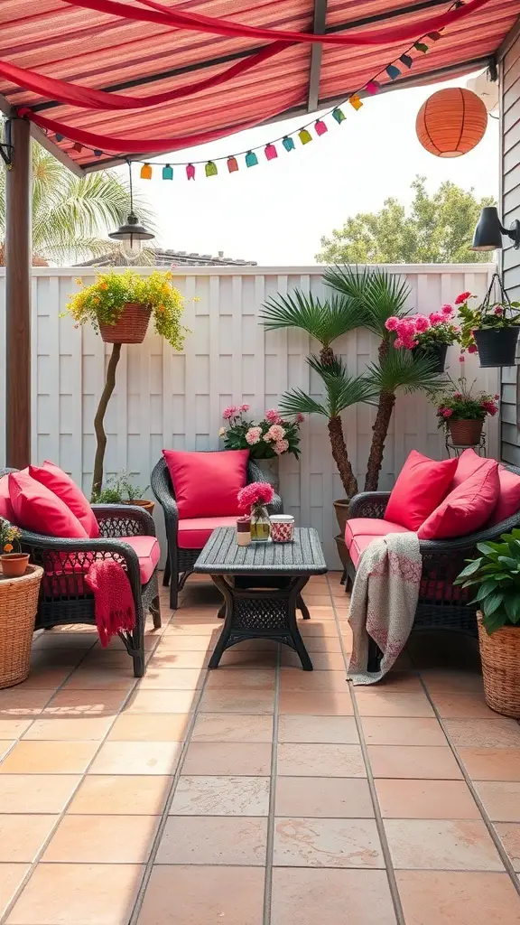 A cozy patio decorated with red and pink accents, featuring wicker chairs with pink cushions, a striped canopy, and colorful plants.