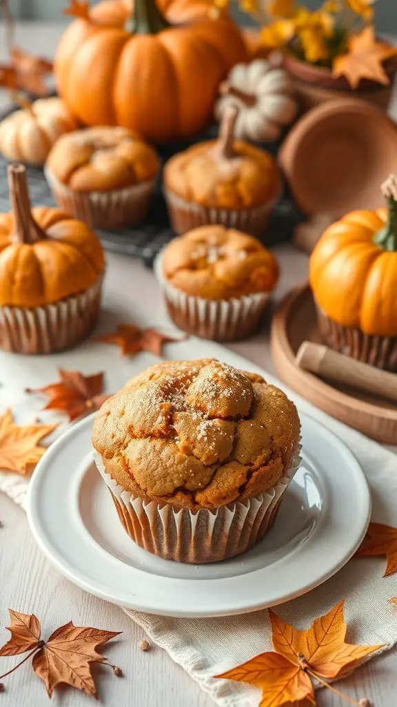 Pumpkin spice muffins on a plate with mini pumpkins and autumn leaves.