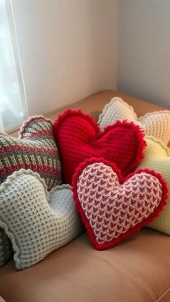 29+ Creative Upcycled Valentine’s Day Decorations to Make This Year 7 A collection of heart-shaped pillows made from old sweaters in various colors and patterns.