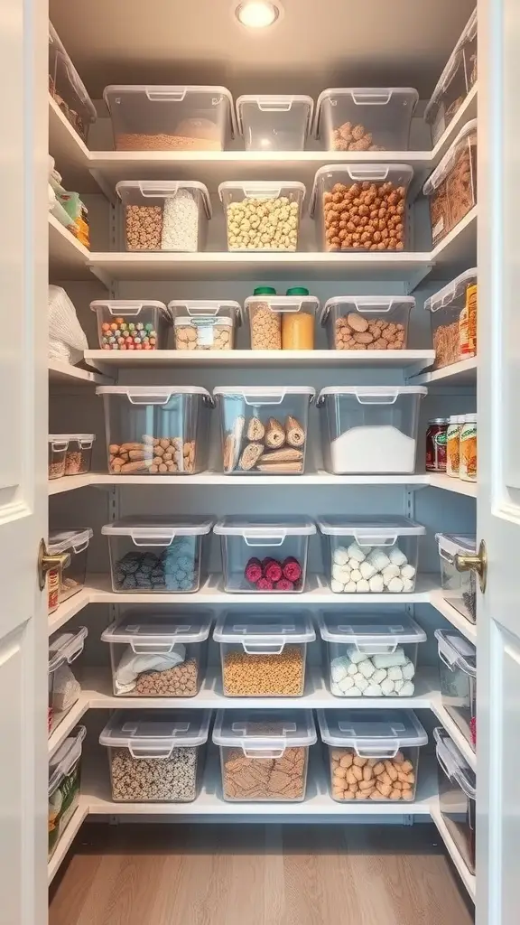 Organized pantry with clear storage bins filled with various food items.