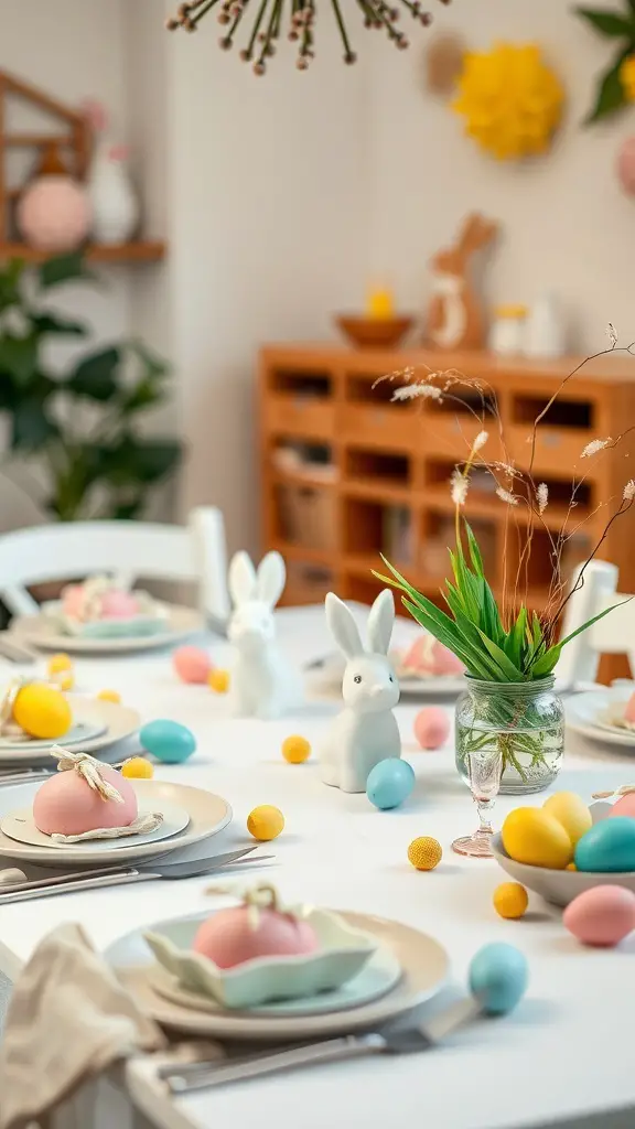 A spring dining table decorated with pastel colors, porcelain bunnies, and colorful eggs.