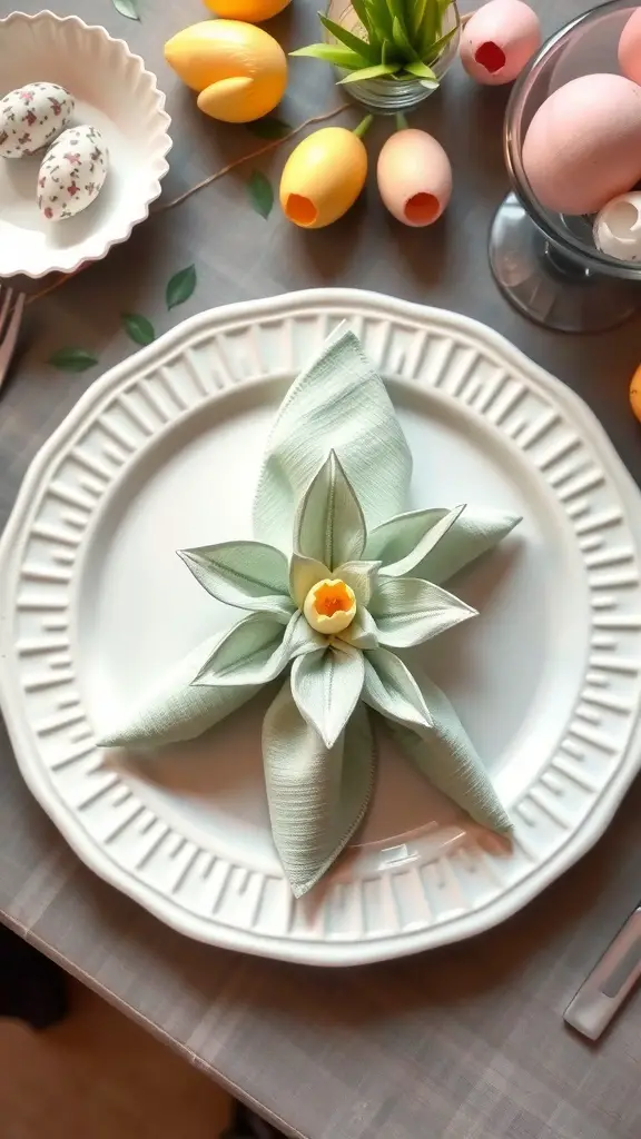 A beautifully folded napkin shaped like a flower on a plate, surrounded by Easter decorations.