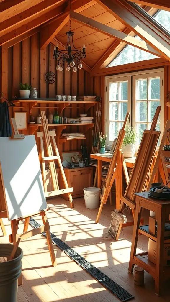 29+ Creative She Shed Ideas for Small Spaces 3 A cozy art studio with wooden walls, easels, and bright windows.