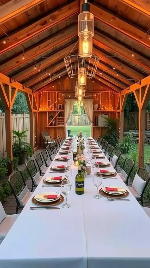 27+ Creative Party Shed Ideas 14 An outdoor dining shed with a long table set for dinner, featuring elegant tableware and warm lighting.