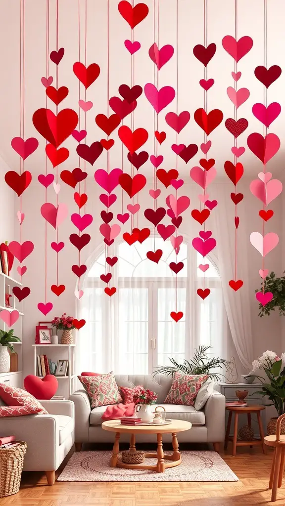 27+ Creative DIY Valentine’s Day Decor Ideas You’ll Love 2 Colorful heart-shaped paper garlands hanging in a cozy living room