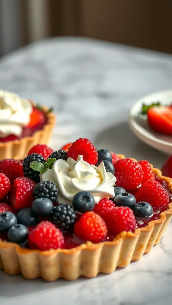 A fresh berry tart topped with whipped cream and various berries on a marble surface.
