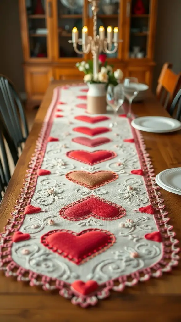27+ Creative DIY Valentine’s Day Decor Ideas You’ll Love 14 A beautifully designed Valentine's Day table runner featuring hearts in red and pink.