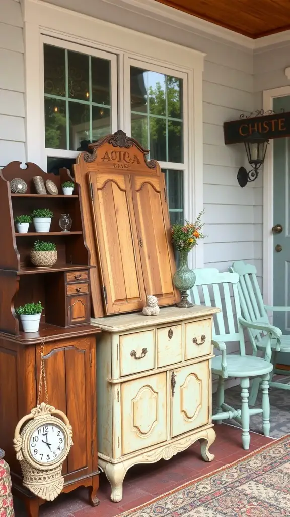 25+ Creative Porch Storage Ideas 13 A porch featuring repurposed furniture for storage, including a tall wooden cabinet and a lower cabinet, both decorated with plants and a clock.