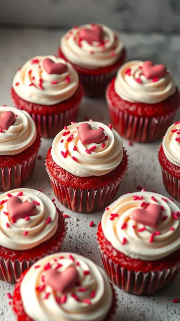 A close-up of red velvet heart cupcakes with white frosting and pink heart decorations.