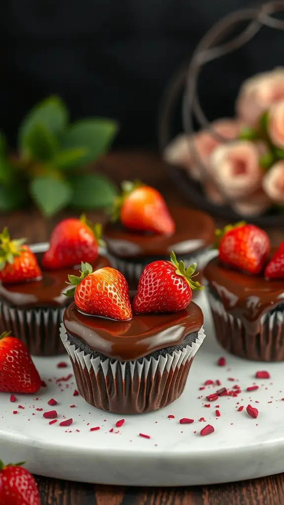 Heart-shaped chocolate cupcakes topped with ganache and strawberries