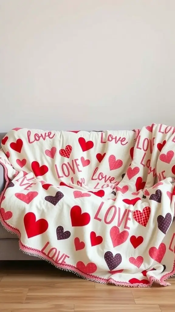 A cozy blanket with love-themed designs featuring hearts and the word 'Love' draped over a couch.