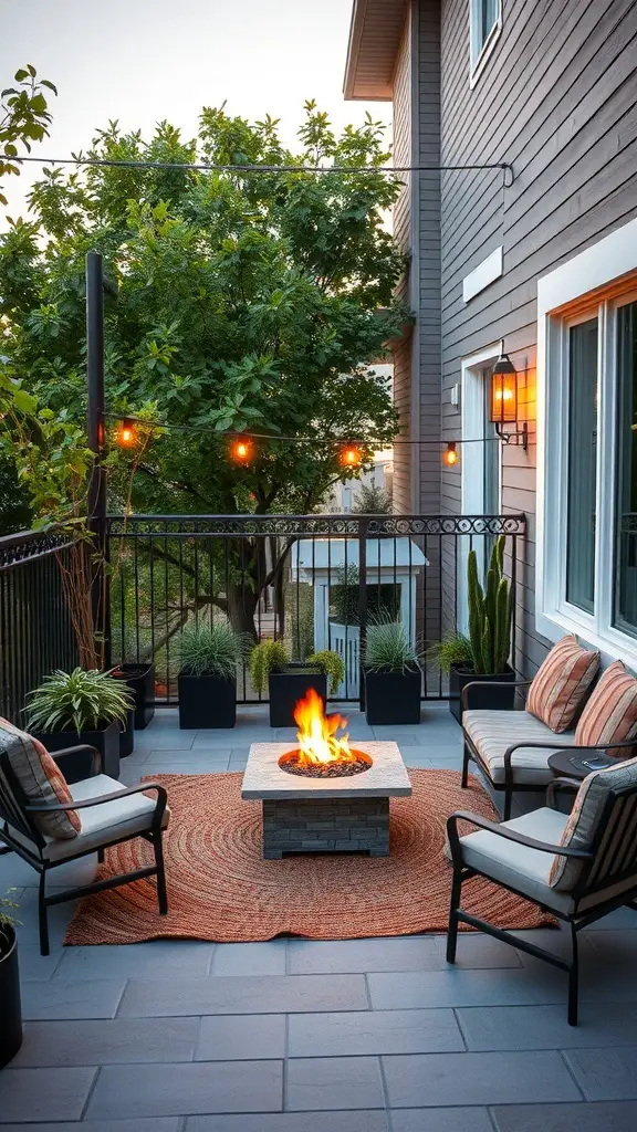 23+ Stylish Mini Balcony Ideas 4 A cozy mini balcony featuring a compact fire pit surrounded by seating and plants.