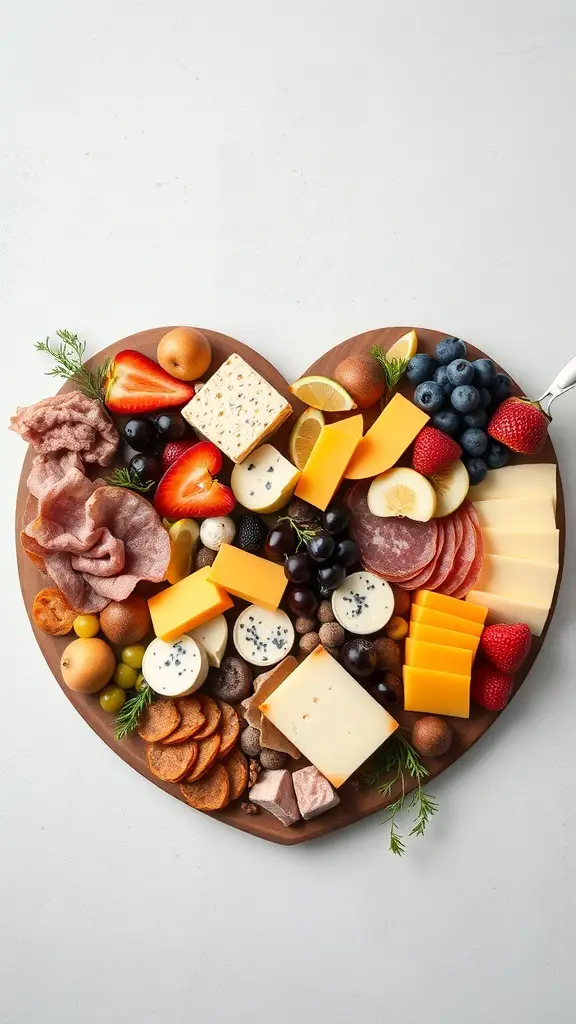 Heart-shaped cheese and charcuterie board with various cheeses, meats, fruits, and nuts.