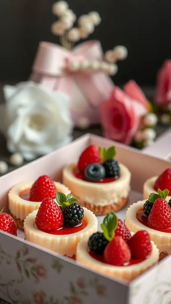 27+ Creative Sweet Box Ideas for Valentine's Day 4 A box of mini cheesecake bites topped with fresh strawberries and blueberries, surrounded by decorative flowers and a gift box.