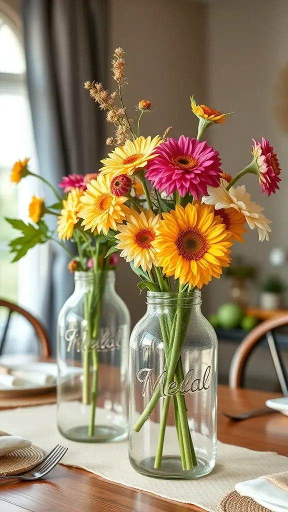 29+ Creative Upcycled Valentine’s Day Decorations to Make This Year 2 Two upcycled glass jar vases filled with colorful flowers on a table.