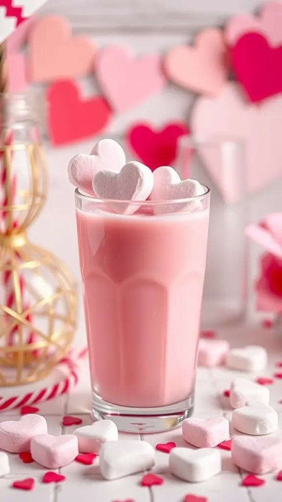 A glass of pink milk topped with heart-shaped marshmallows, surrounded by heart decorations.