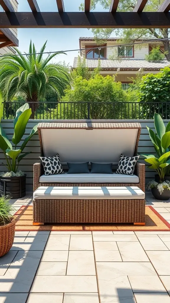 A multi-functional outdoor ottoman with storage, surrounded by plants and a cozy patio setting.