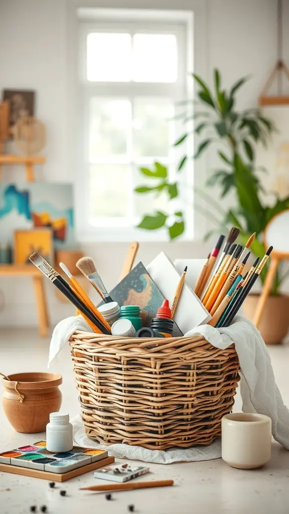 23+ Creative Valentine's Day Basket Ideas 11 A woven basket filled with various art supplies including brushes, paints, and sketch pads, set in a bright room.