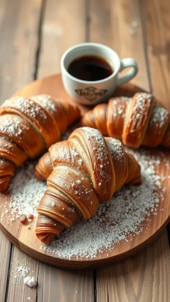 45+ Creative Mother's Day Brunch Ideas 8 A plate of chocolate croissants dusted with powdered sugar, accompanied by a cup of coffee.
