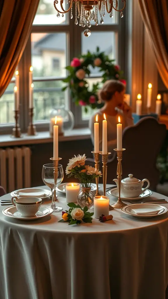 29+ Stunning Valentine's Tablescape Ideas to Impress Your Sweetheart 2 A beautifully set sweetheart table for two with candles, flowers, and elegant tableware.