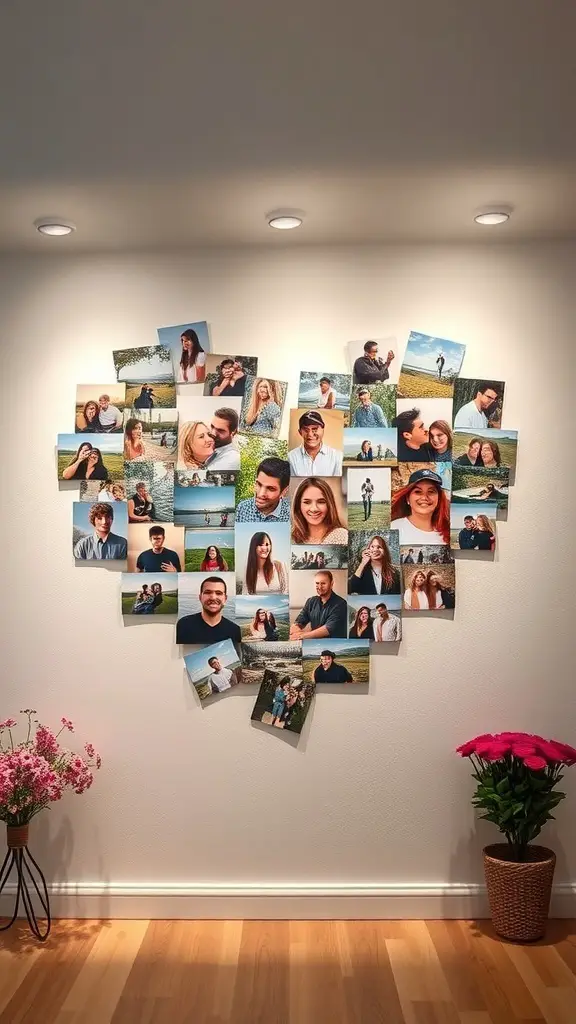 A heart-shaped photo collage made of various pictures, with flowers in pots on the side.