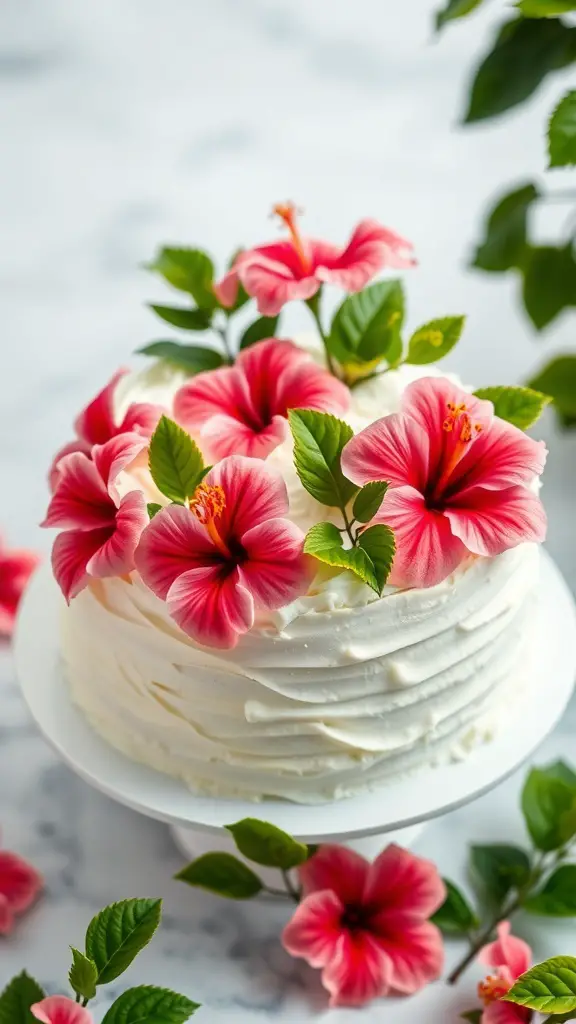 A beautifully decorated Hibiscus and Coconut Cream Cake with pink flowers and green leaves on a white cake stand.