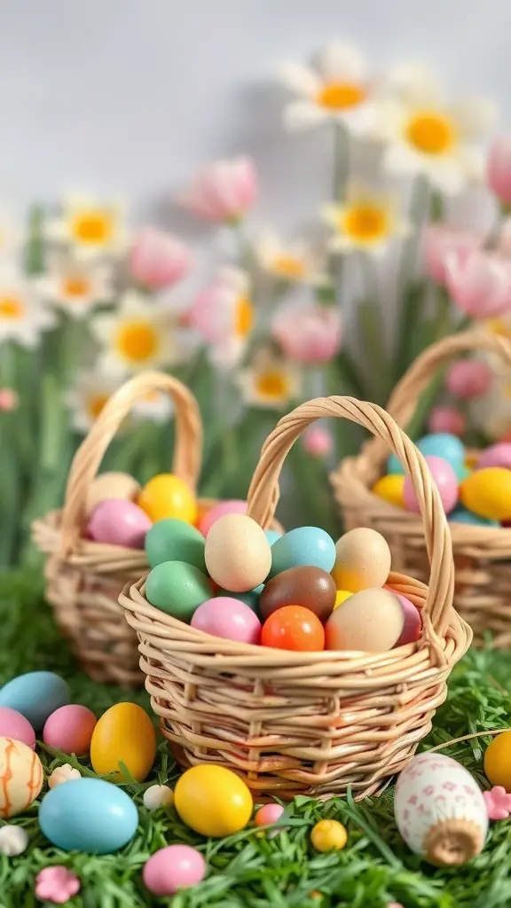 Colorful Easter baskets filled with eggs and surrounded by flowers