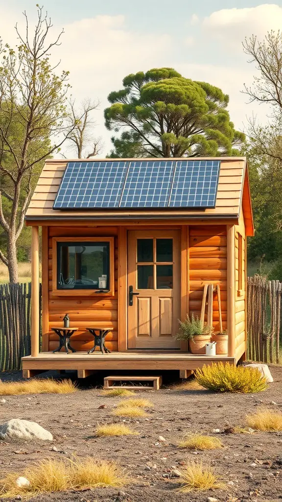 27+ Inspiring Tiny Shed House Ideas 6 A small wooden shed house with solar panels on the roof, surrounded by nature.