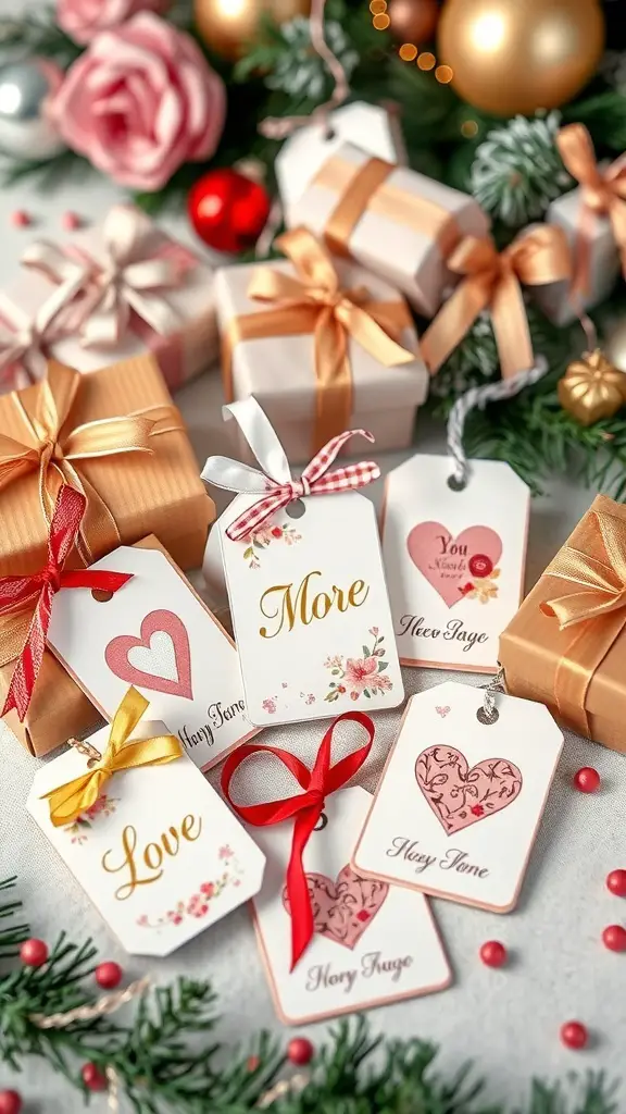 29+ Creative Valentine’s Crafts to Sell This Season 16 An assortment of decorative gift tags with messages like 'Love' and 'More,' surrounded by gift boxes and festive decorations.