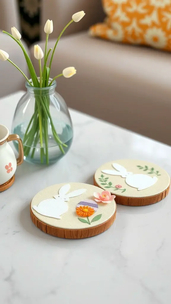 Two Easter-themed coasters with bunny designs and flowers on a marble table.
