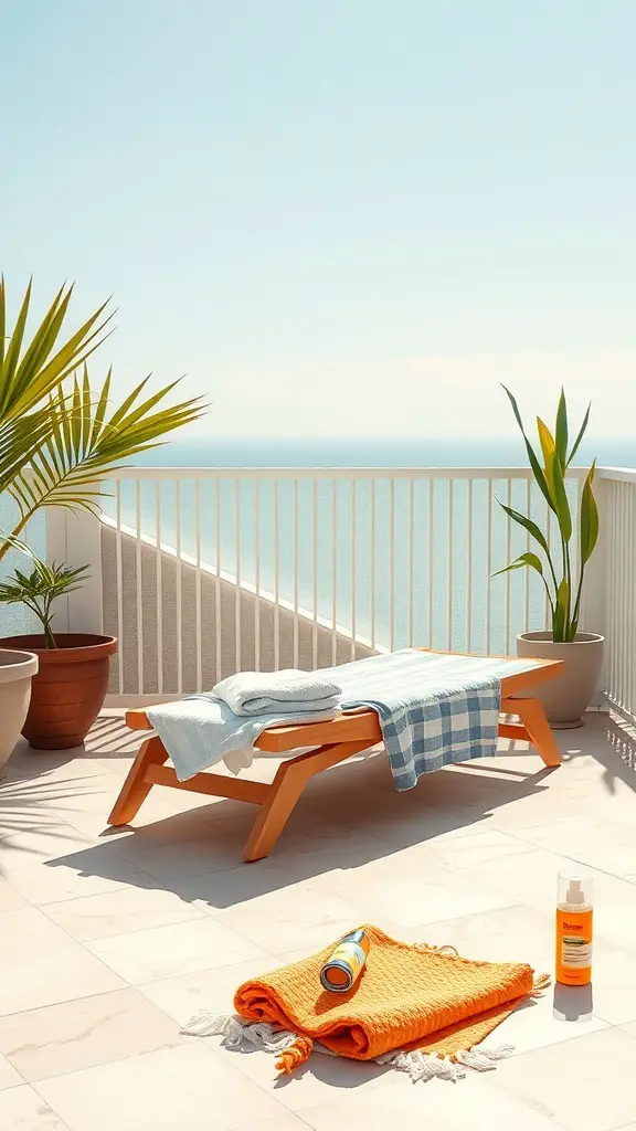 A sunbathing deck featuring a wooden lounge chair, colorful towels, and potted plants with an ocean view.