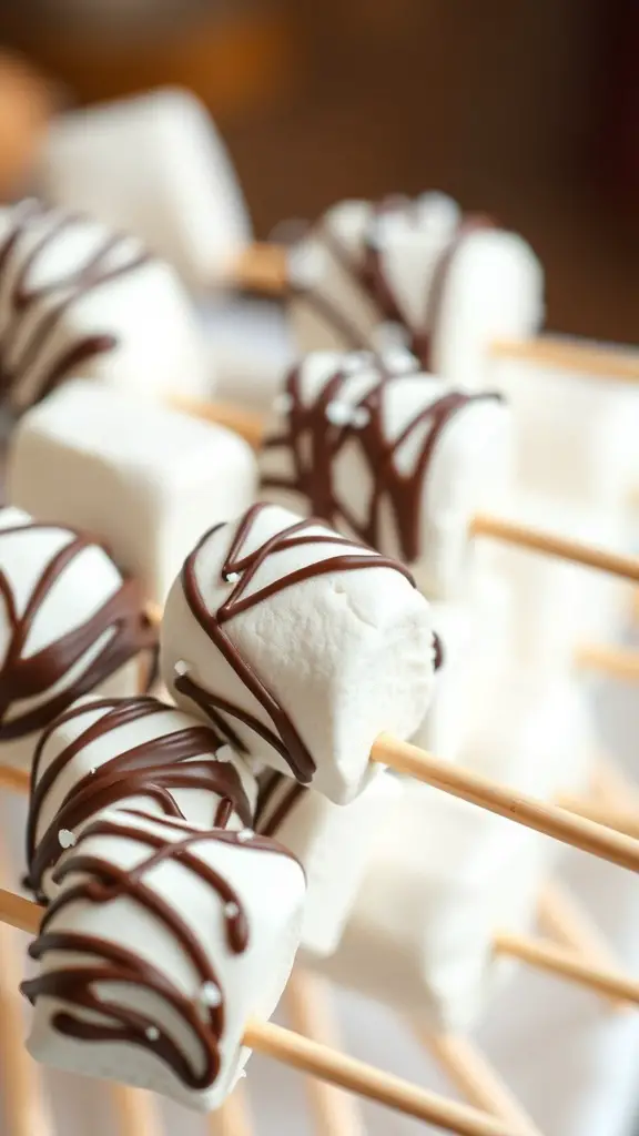 Chocolate-covered marshmallows drizzled with chocolate on skewers