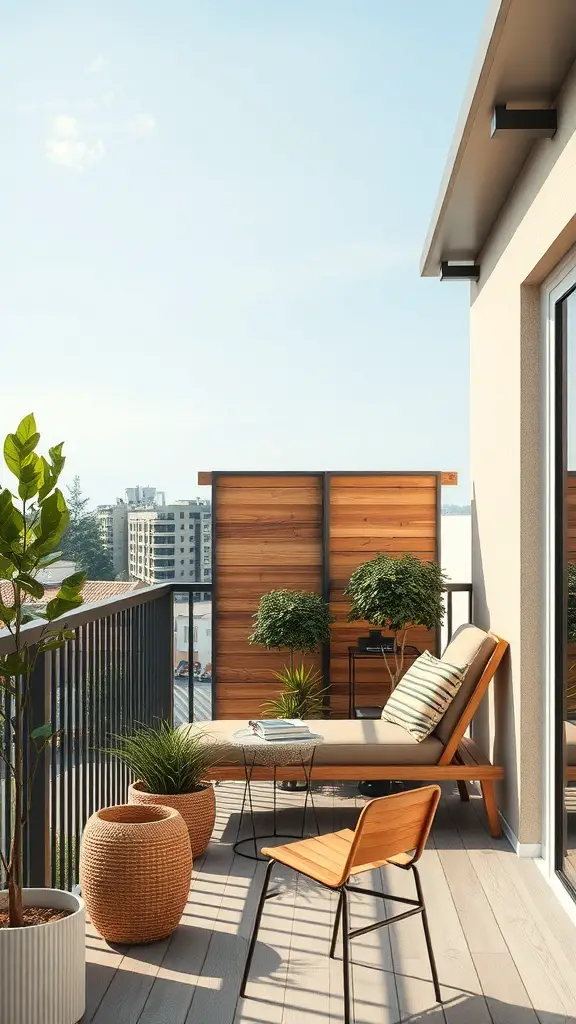 27+ Inspiring Flat Balcony Ideas 16 Stylish balcony with wooden privacy screen, lounge chair, and potted plants