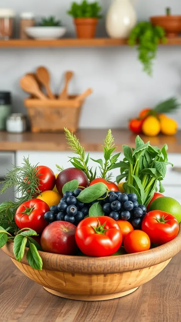 A wooden bowl filled with assorted fruits and herbs, including tomatoes, blueberries, and fresh greens.