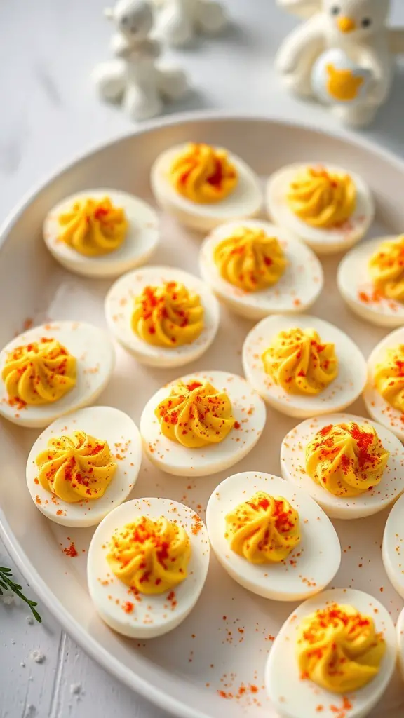 A platter of classic deviled eggs topped with paprika, perfect for Easter lunch.