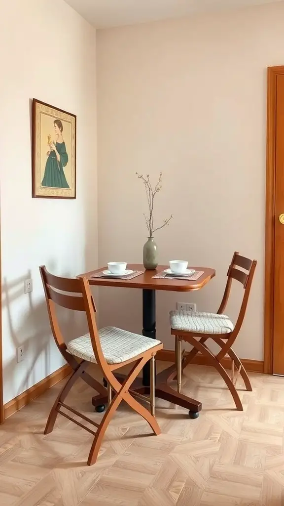 A small dining area with a foldable table and two chairs, showcasing space-saving furniture.