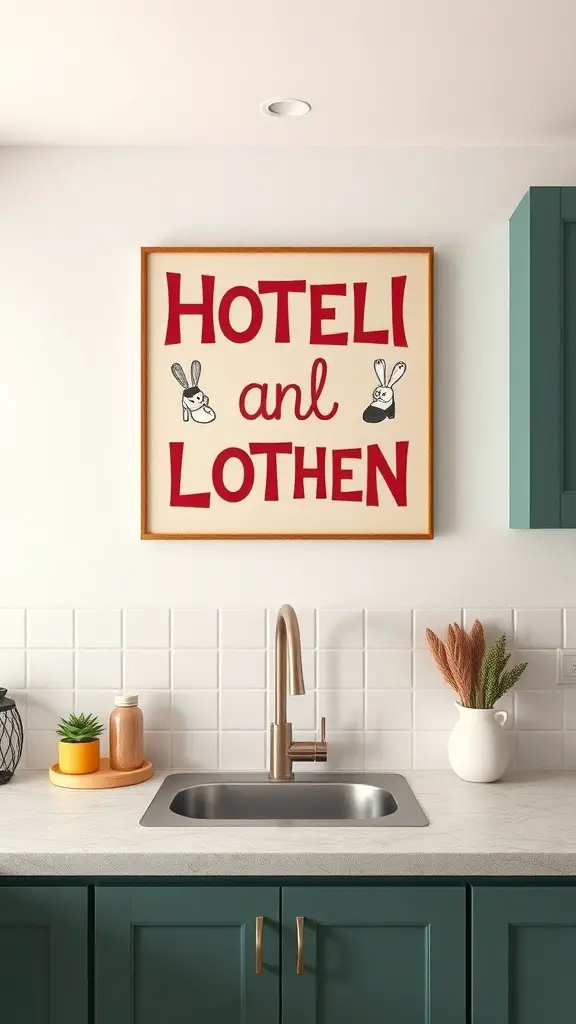 29+ Stunning Countertop Decor Ideas to Elevate Your Space 15 A whimsical wall art piece with the words 'HOTELI and LOTHEN' and illustrations of rabbits, displayed in a modern kitchen.