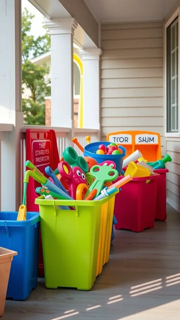 25+ Creative Porch Storage Ideas 14 Colorful portable storage bins filled with outdoor toys and tools on a porch.